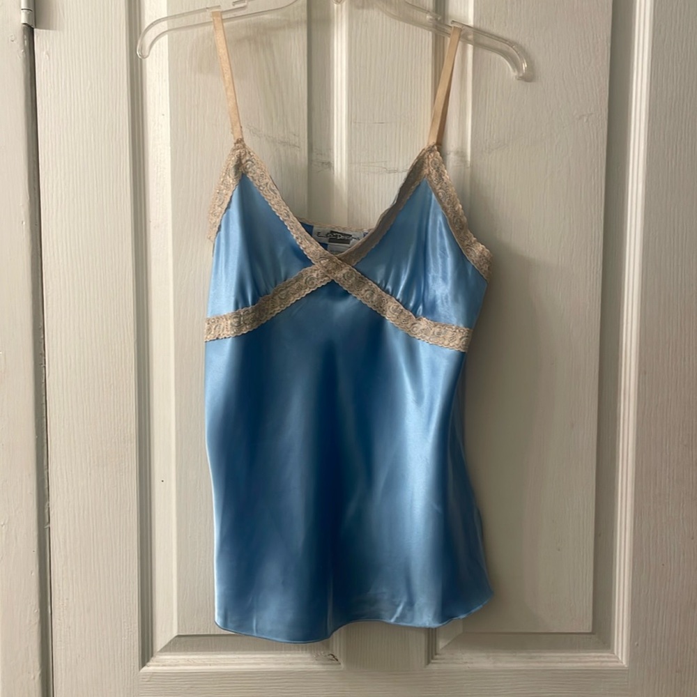 Baby blue satin and cream lace trim adjustable strap camisole size medium